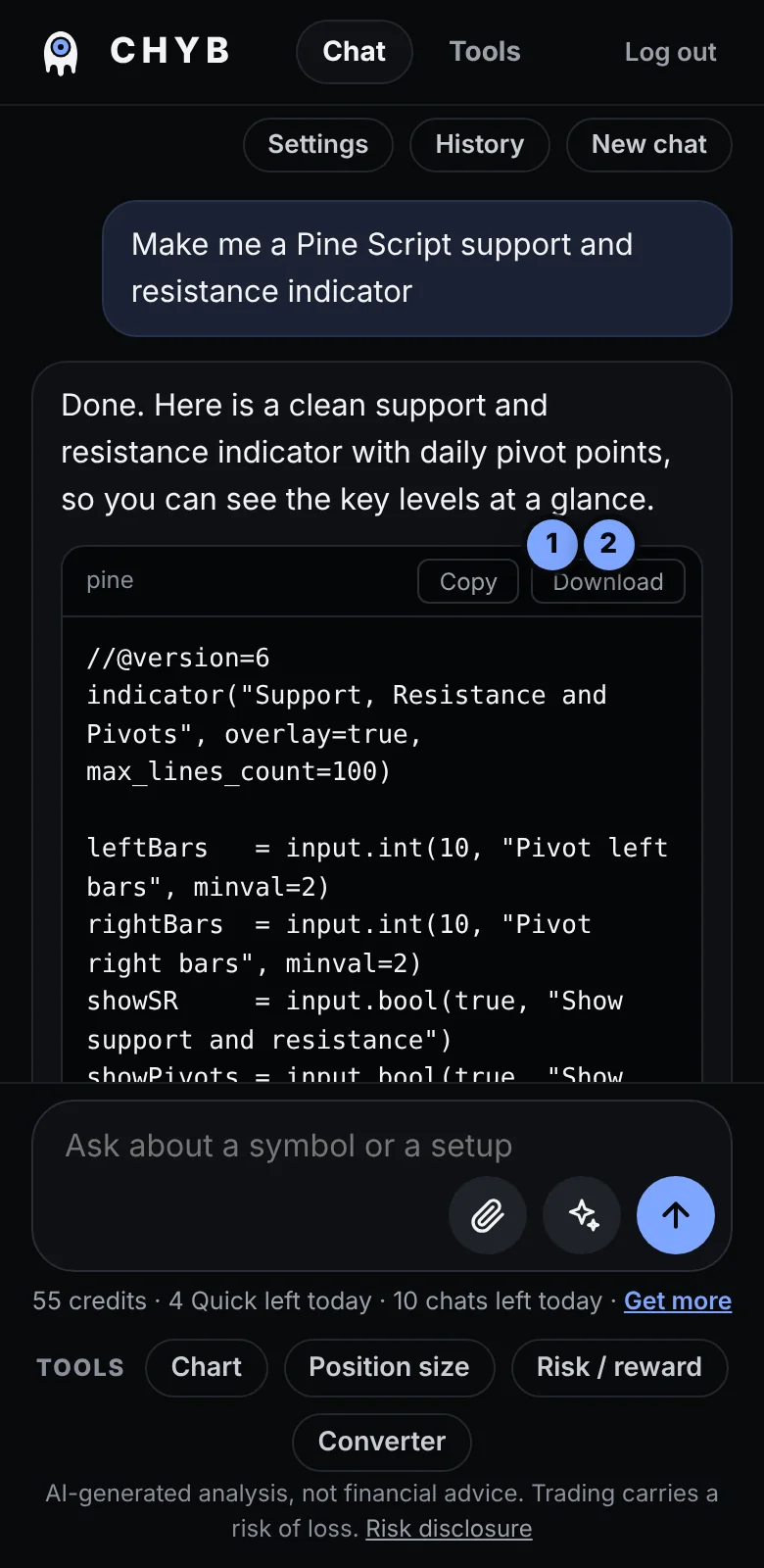 A chat answer with Pine Script code and Copy and Download buttons