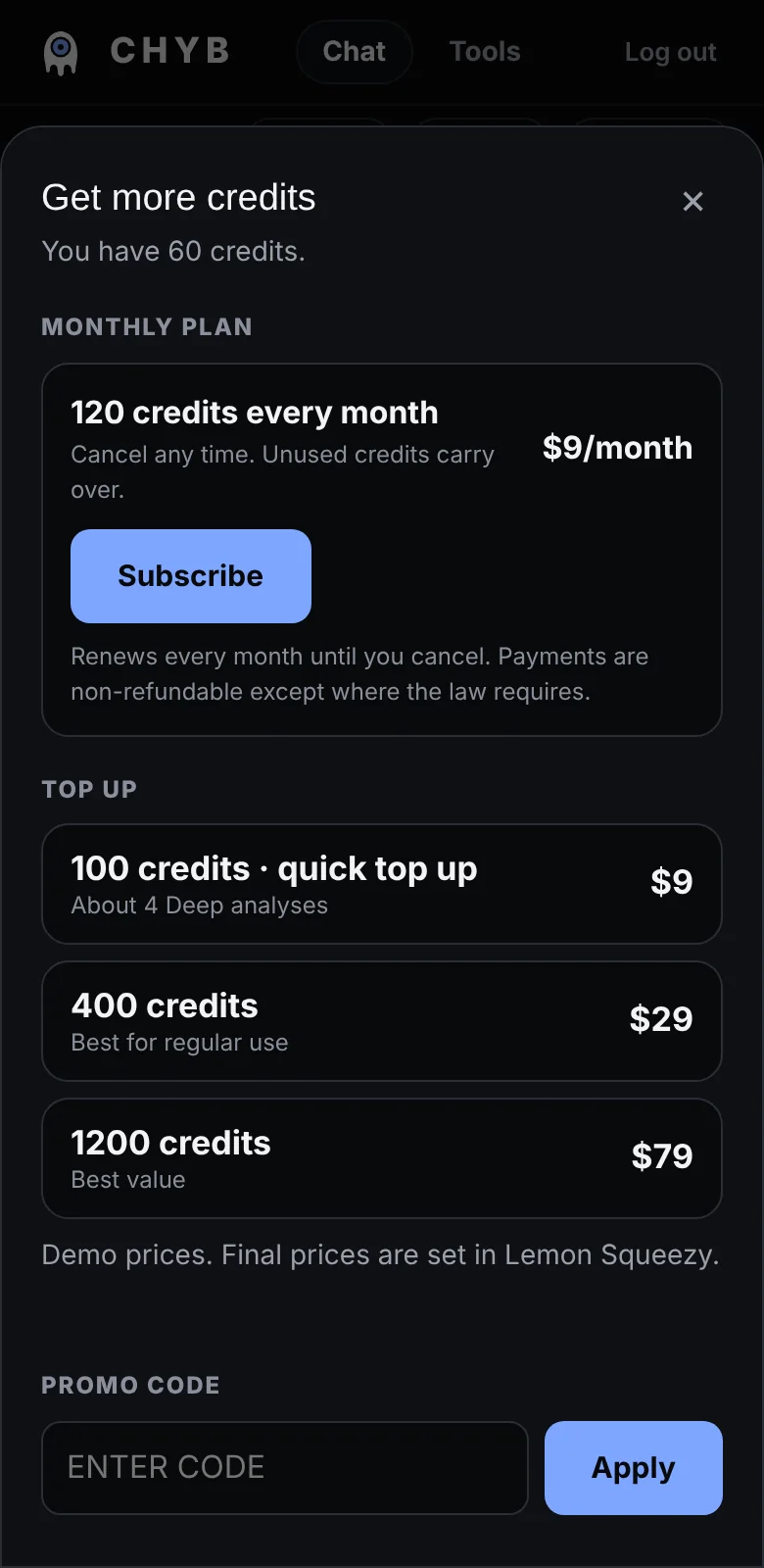 The Get more credits window with the monthly plan, top-up packs and a promo code field