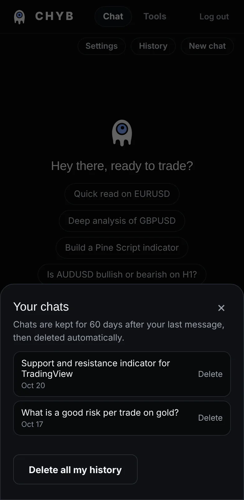 The chat history window listing saved chats with Delete buttons