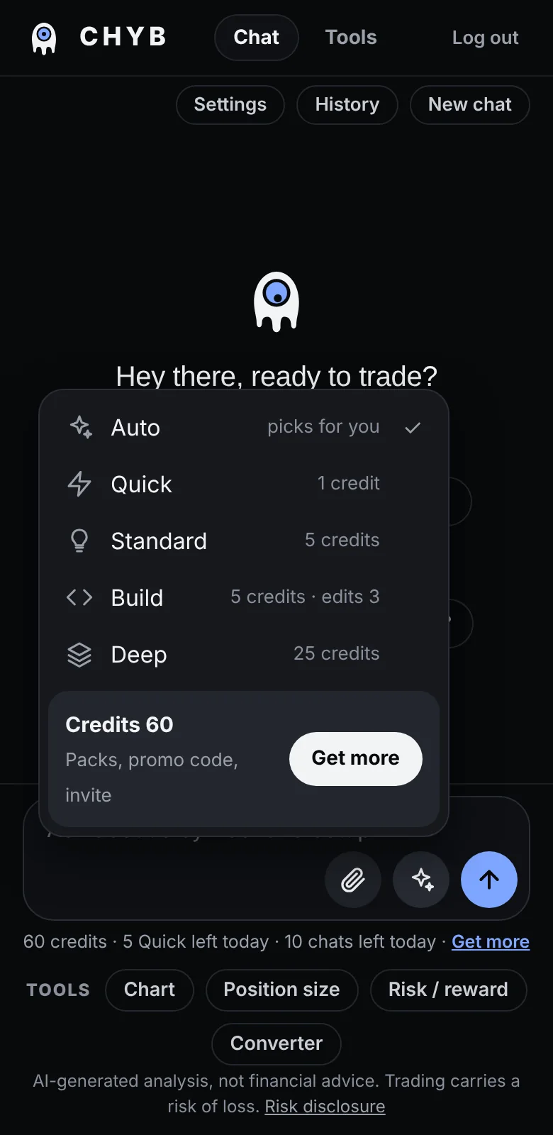 The mode menu listing Auto, Quick, Standard, Build and Deep with their credit costs