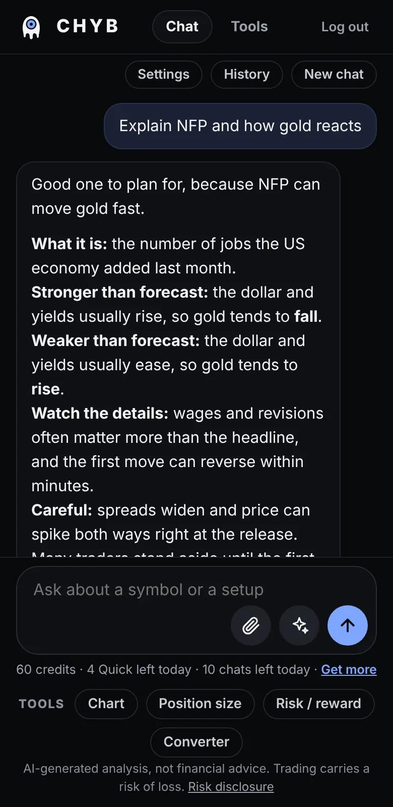 A chat answer explaining the NFP release and how gold usually reacts