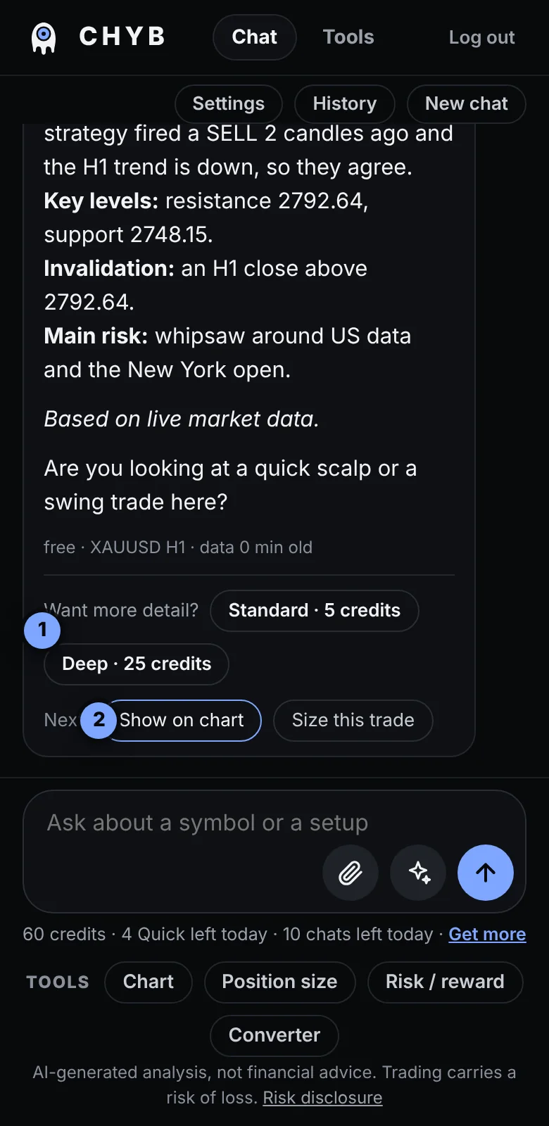 The buttons under an answer: Standard, Deep, Show on chart and Size this trade