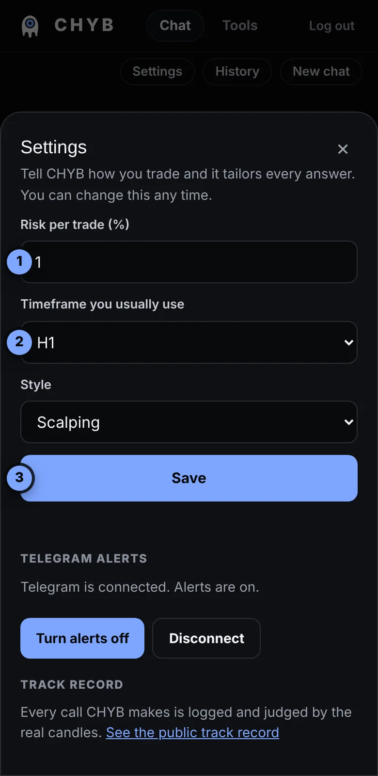 The settings window with fields for risk percentage, timeframe and style