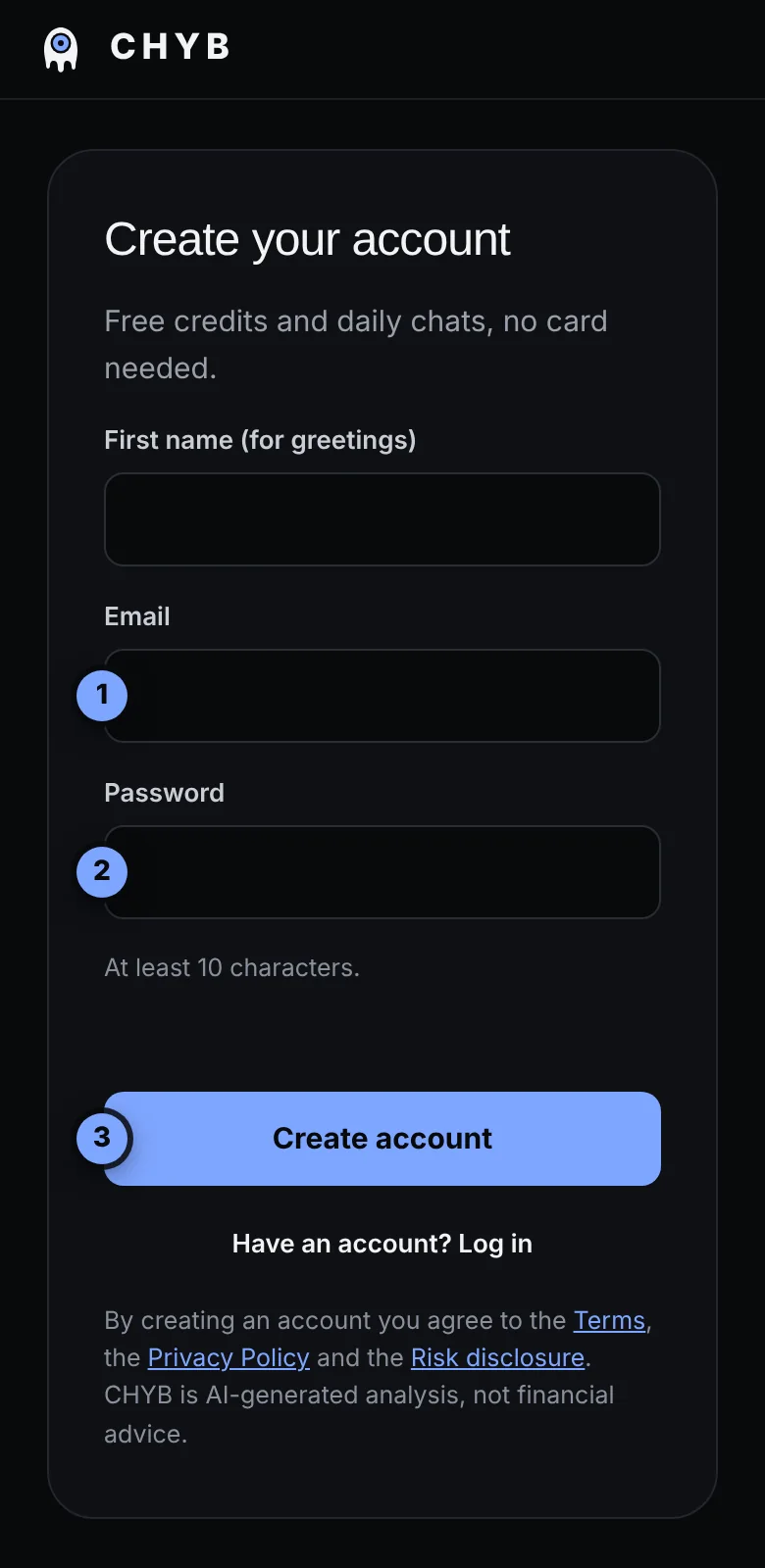 The sign-up form with three numbered callouts: email, password and the Create account button