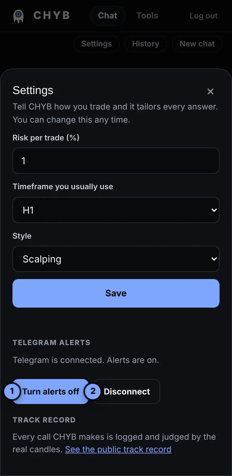 The Telegram section of settings with the turn alerts off and disconnect buttons
