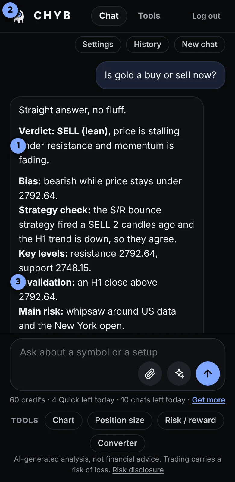 A Quick read with a bold verdict, key levels and invalidation marked with numbered callouts